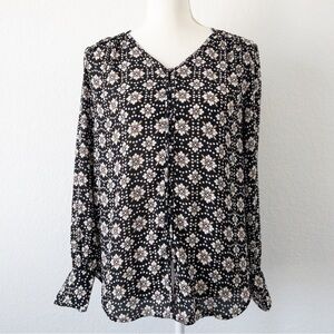 Ann Taylor Black Beige White Floral Long Sleeve Blouse Size Small